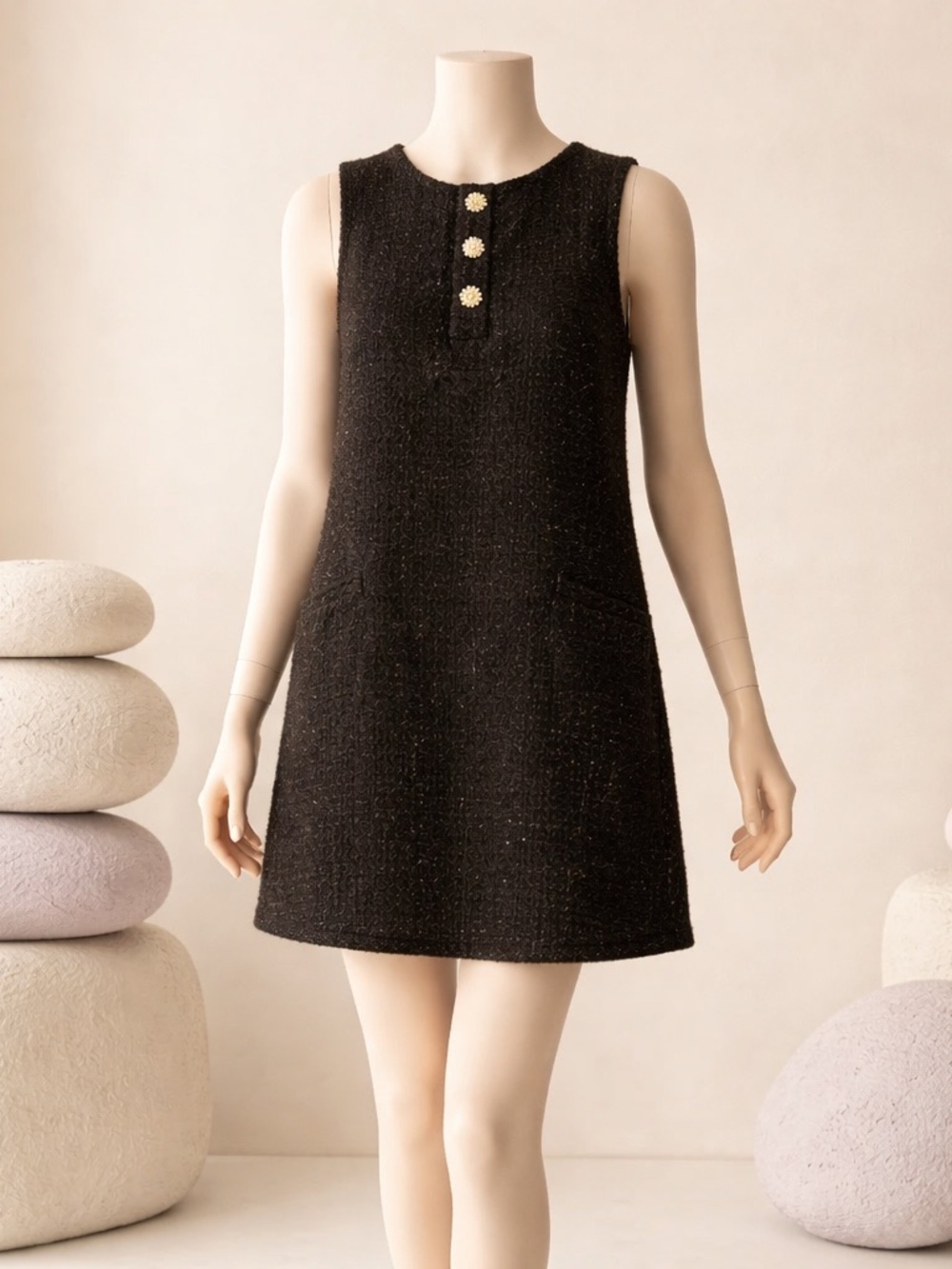 Wallis Black Sleeveless Tweed Mini Dress with Gold Buttons
